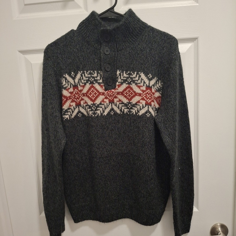 Oscar‎ De La Renta Medium Gray Red Fair Isle Nordic Winter Henley Sweater